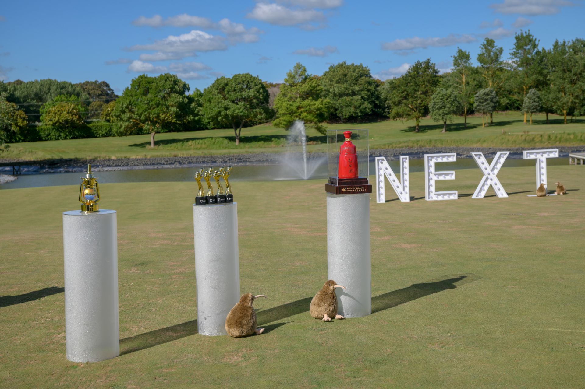 高清大图：第四届国际展望大会现场-25 国际展望大会（天空2020）线下活动在新西兰奥克兰举办。首席合作伙伴暨官方首席指定用品红西凤、新西兰国民品牌奖杯、金马灯荣誉大奖奖杯同台展示。